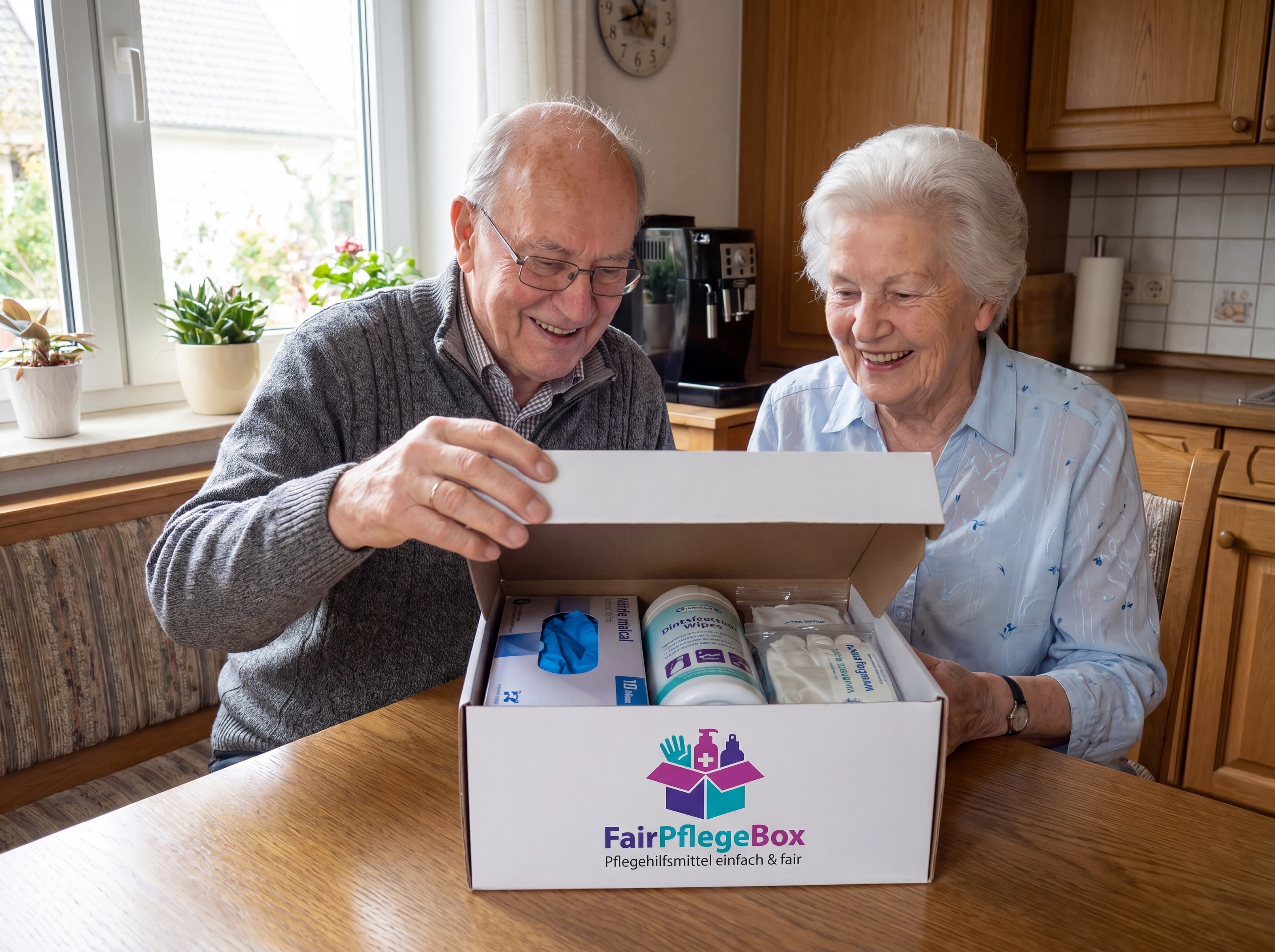 Älterer Herr mit FairPflegeBox im Wohnzimmer