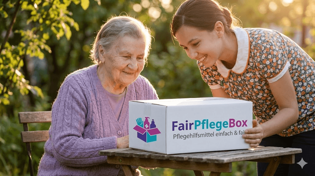 Seniorin und Betreuerin freuen sich \u00fcber FairPflegeBox im Garten