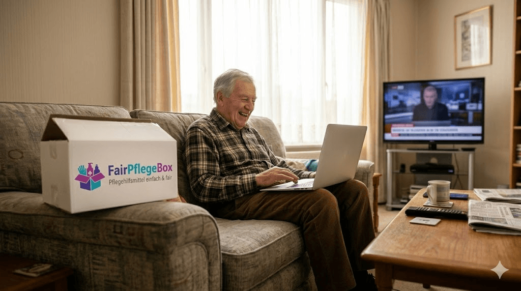 Älterer Herr mit FairPflegeBox im Wohnzimmer